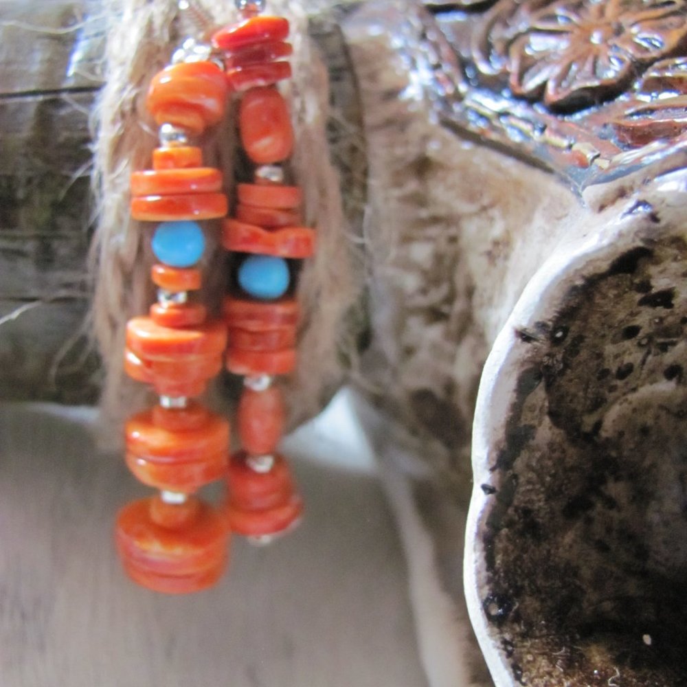 ZUNI HAND MADE SPINY  OYSTER & SLEEPING BEAUTY TURQUOISE EARRINGS - Picture 13 of 16